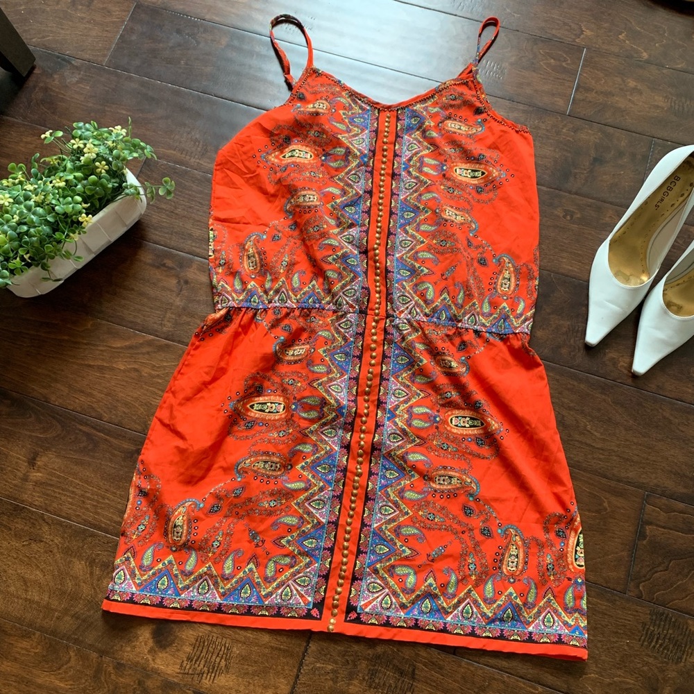 Angie Bright Orange Paisley-Trim Spaghetti Strap Mini Dress
